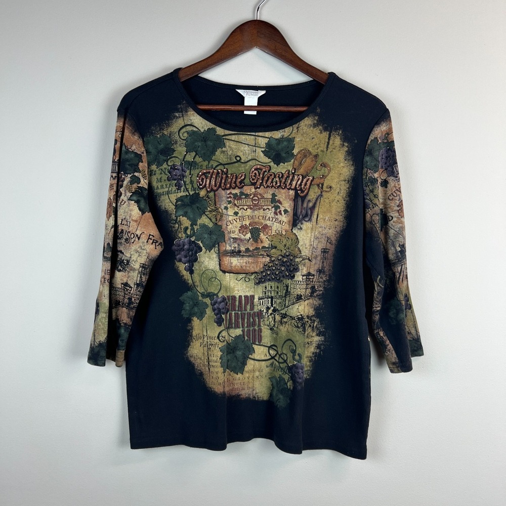 Christopher & Banks Top XL Black Wine Tasting‎ Grape Graphic 3/4 Sleeve Cotton